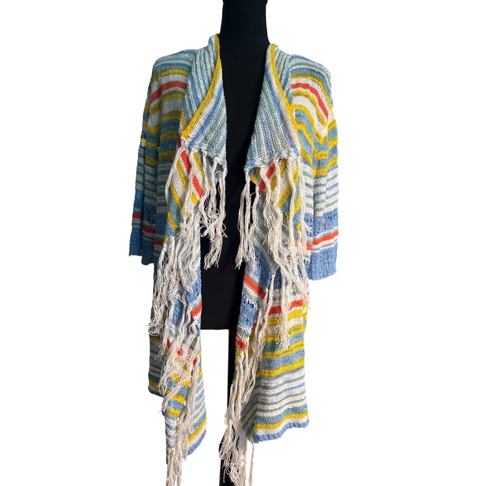 Ruby Rd Woman 2X Striped Fringe Open Front Cardigan Blue Yellow Boho Knit